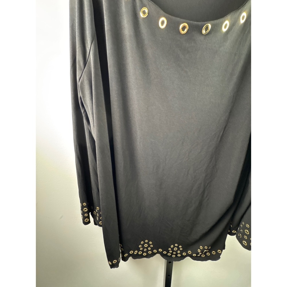 Michael Kors Blouse Womens 2X Black Excellent Grommet Scallop Hem Long Sleeve - Picture 2 of 10